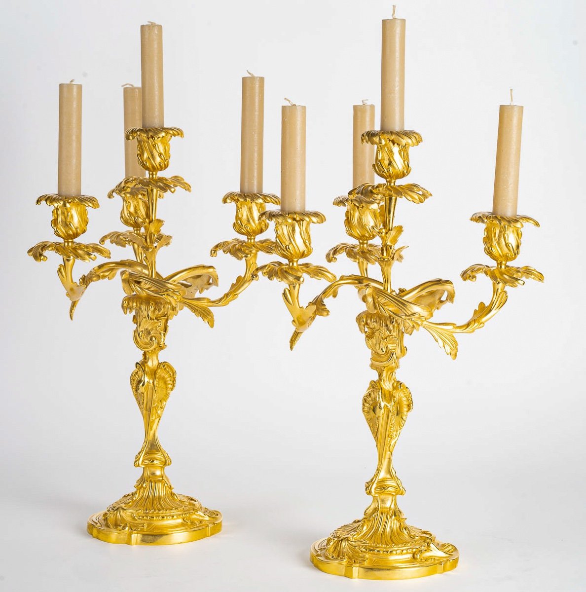 Henri Vian 1860-1905 Pair Of Louis XV Style Candelabra In Chiseled And Gilded Bronze Circa 1890-photo-2