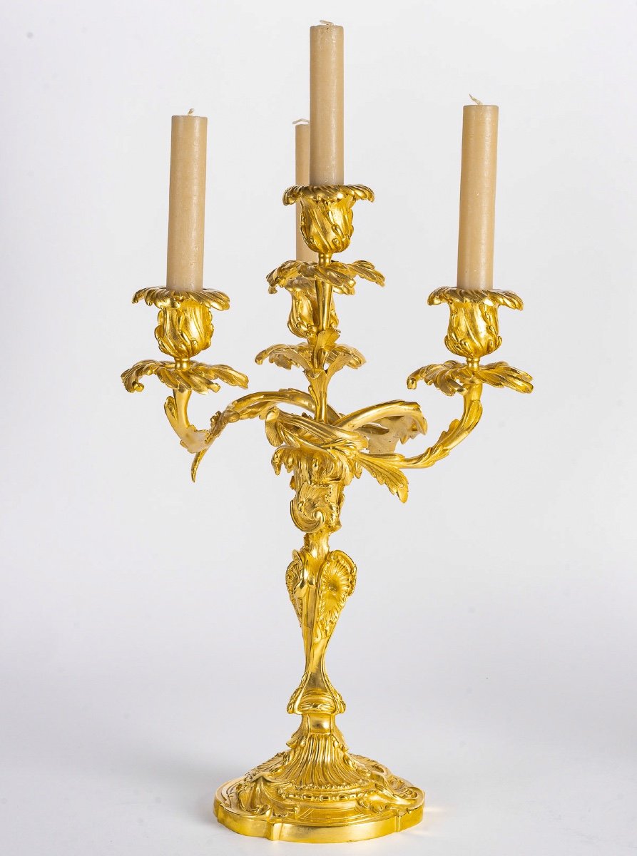 Henri Vian 1860-1905 Pair Of Louis XV Style Candelabra In Chiseled And Gilded Bronze Circa 1890-photo-3