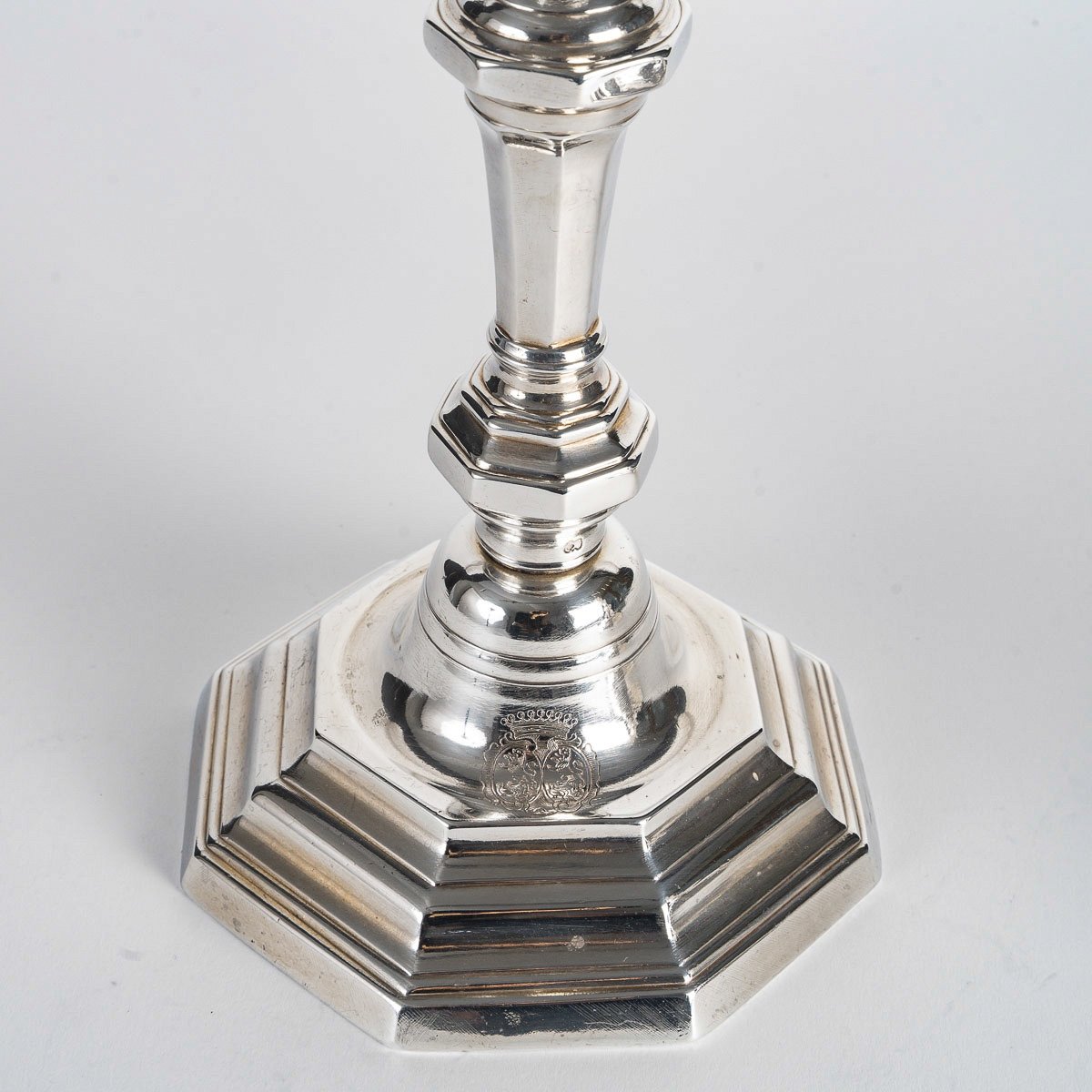 Pair Of Silver-plated Bronze Candlesticks With Crowned C And Count's Crown, Louis XV Period-photo-4