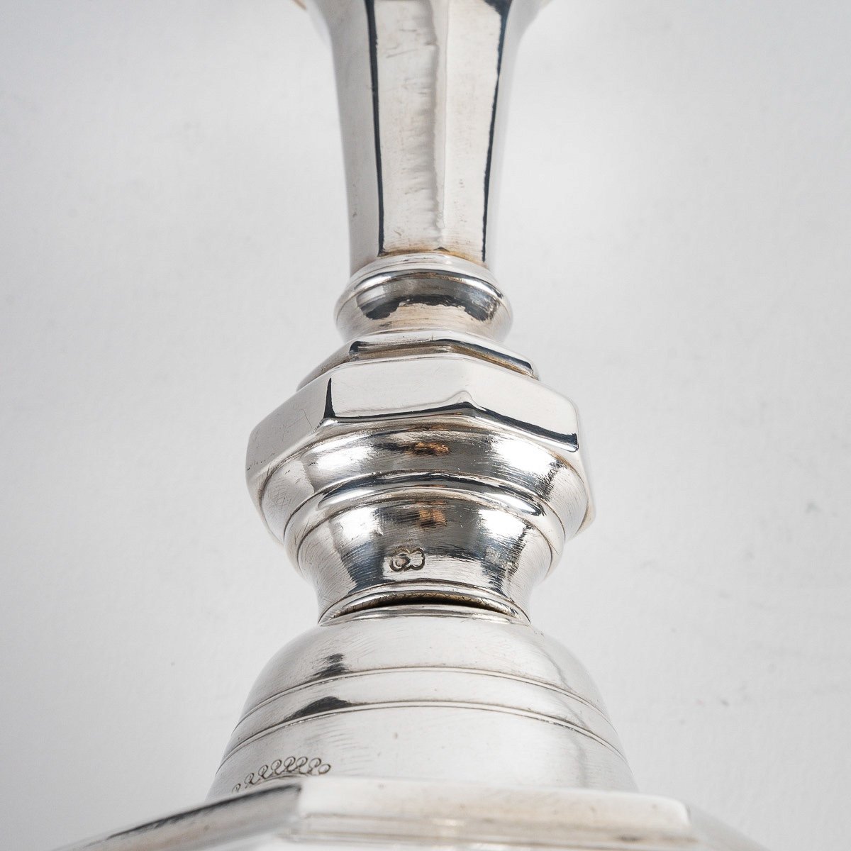Pair Of Silver-plated Bronze Candlesticks With Crowned C And Count's Crown, Louis XV Period-photo-1