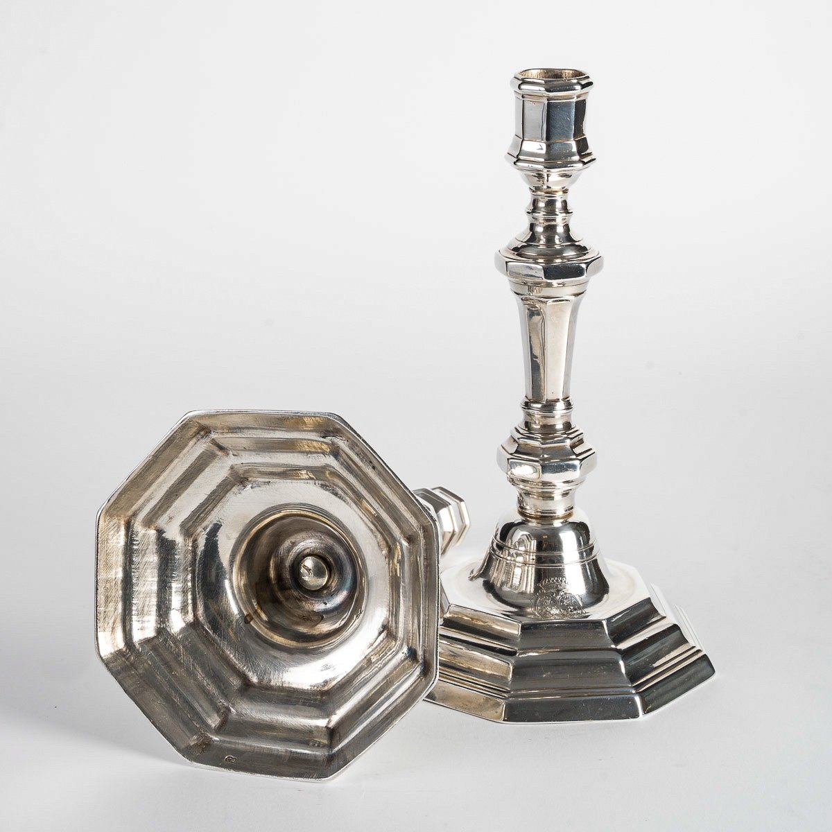 Pair Of Silver-plated Bronze Candlesticks With Crowned C And Count's Crown, Louis XV Period-photo-3