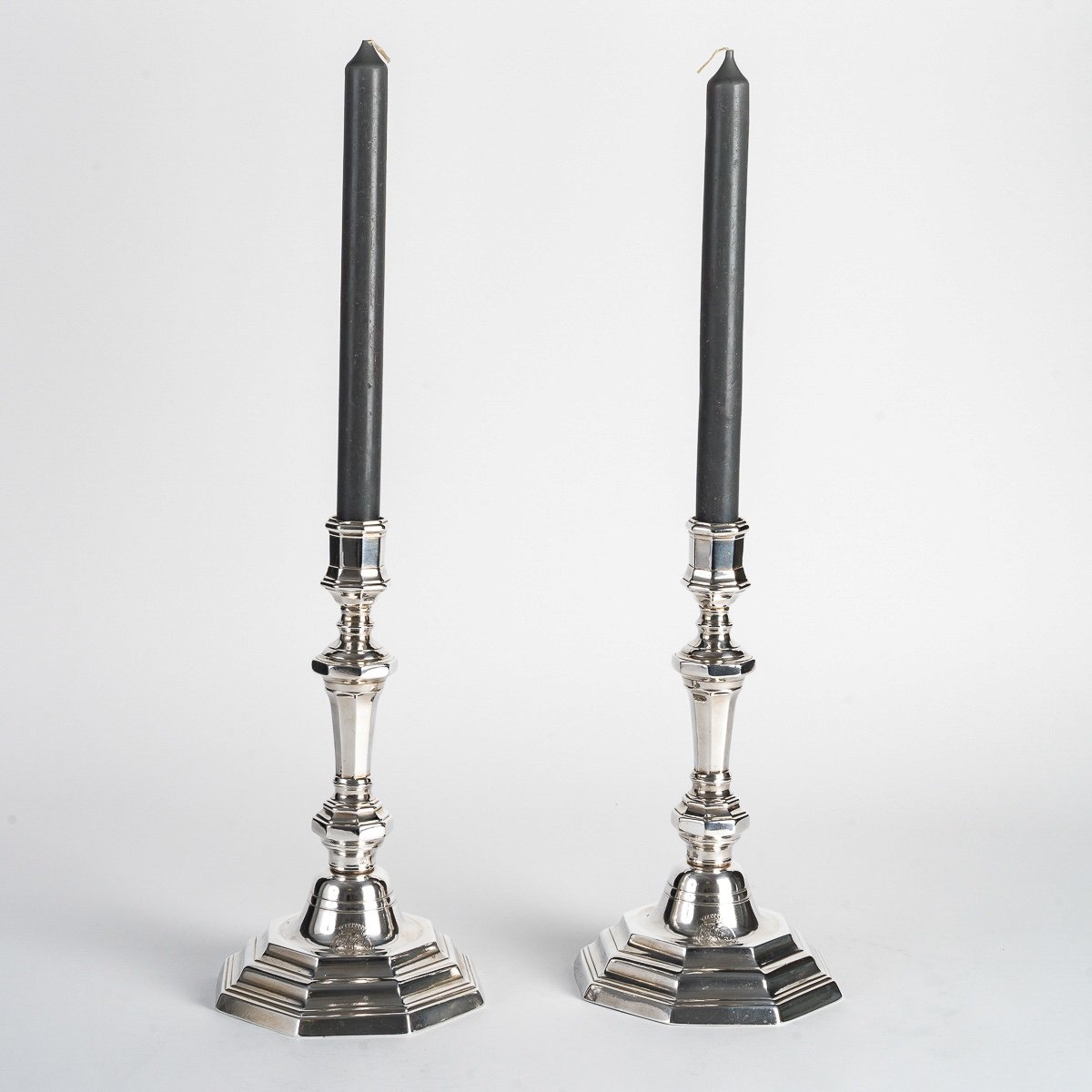 Pair Of Silver-plated Bronze Candlesticks With Crowned C And Count's Crown, Louis XV Period-photo-5