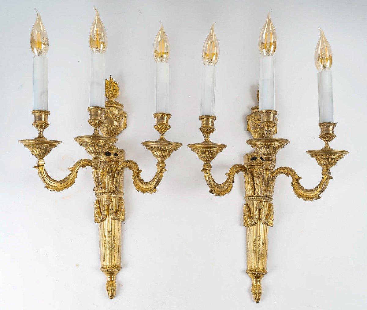 A Pair Of Louis XVI Style Ormolu Three-light Sconces Circa 1850-photo-2