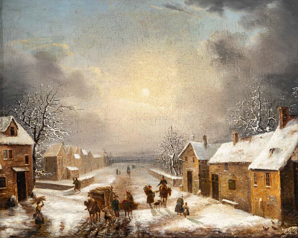 Louis-claude Malbranche (1790-1838) Scene Of Country Life In The Snow Oil On Canvas-photo-2