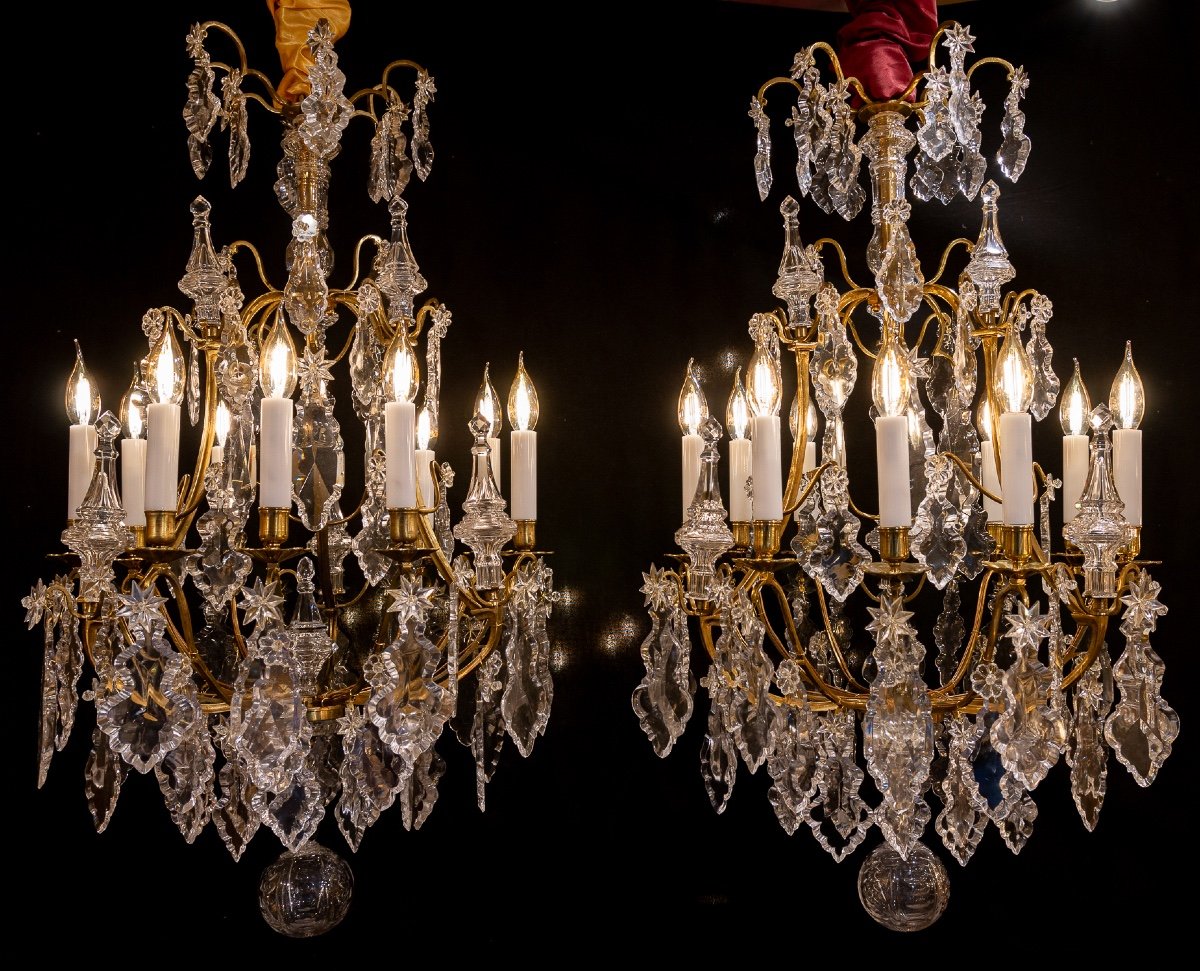 Signed Baccarat Pair Of Louis XV Style Chandeliers In Gilt Bronze And Crystal Circa 1880-1890-photo-8