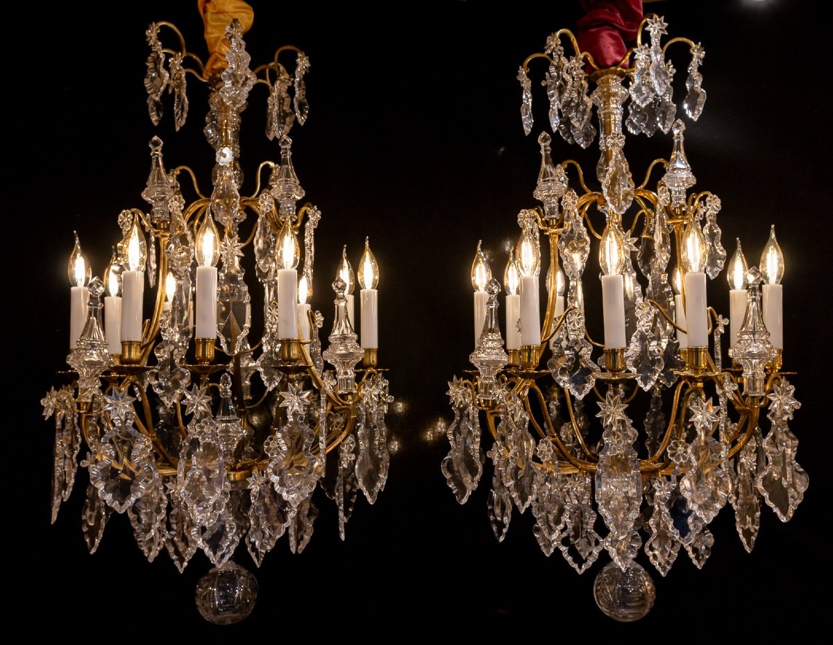 Signed Baccarat Pair Of Louis XV Style Chandeliers In Gilt Bronze And Crystal Circa 1880-1890