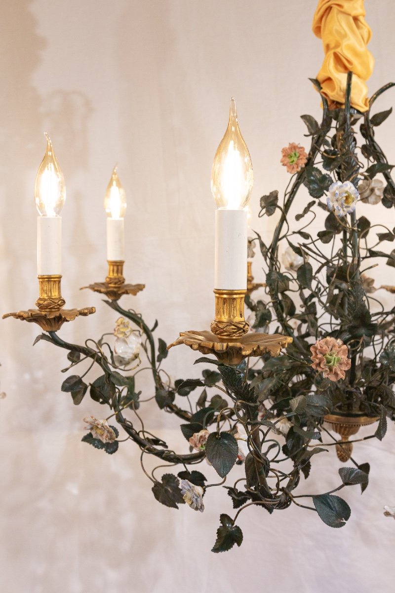 Bronze And Sheet Metal Chandelier With Branch Decor And Meissen Porcelain, Late 18th Century-photo-3