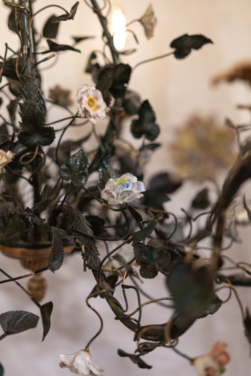 Bronze And Sheet Metal Chandelier With Branch Decor And Meissen Porcelain, Late 18th Century-photo-6