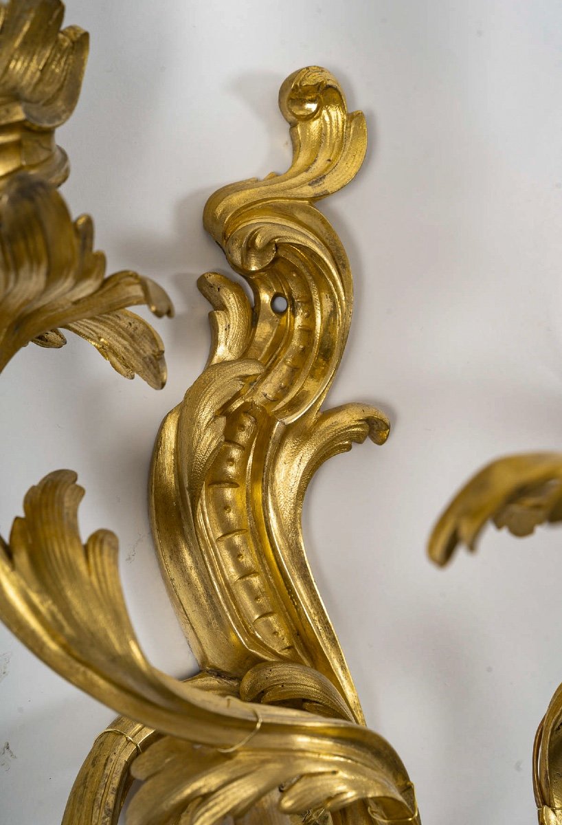 Set Of Six French Louis XV-style Chiseled Gilt-bronze Sconces Circa 1880-1890-photo-4