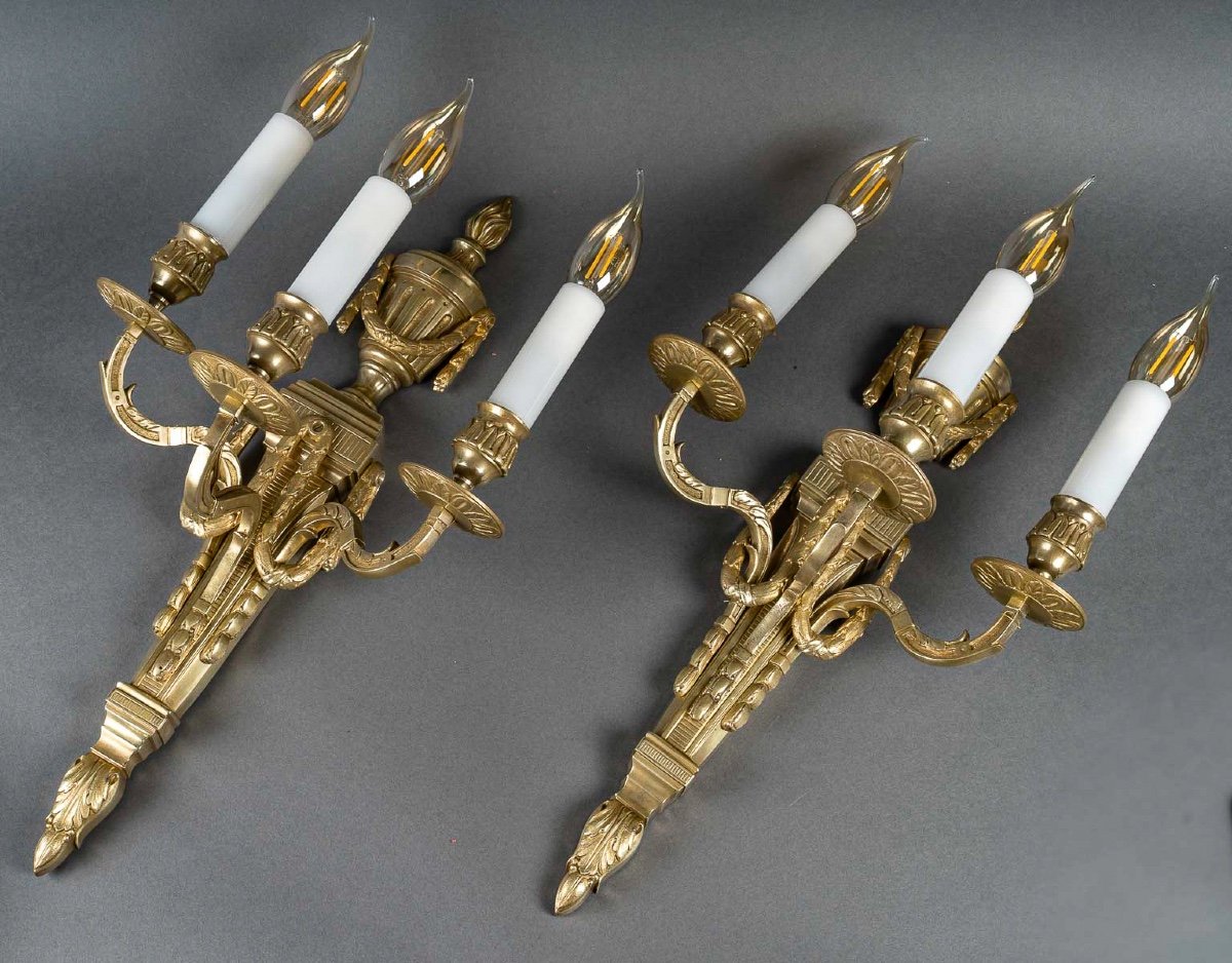 French Louis XVI Style Two Arm-lights Pair Of Ormolu Chiseled Sconces
