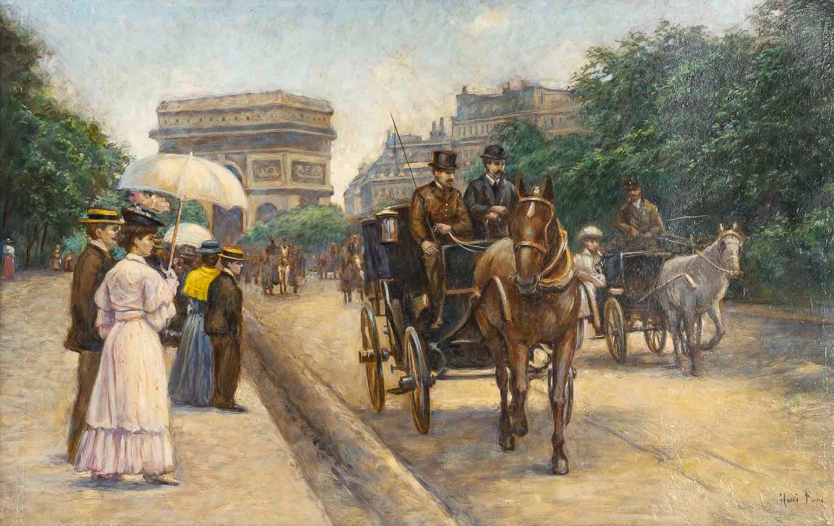 Henri Paul Royer (1869-1938) Promenade Avenue Du Bois De Boulogne  Oil On Wood 1890-1910-photo-2