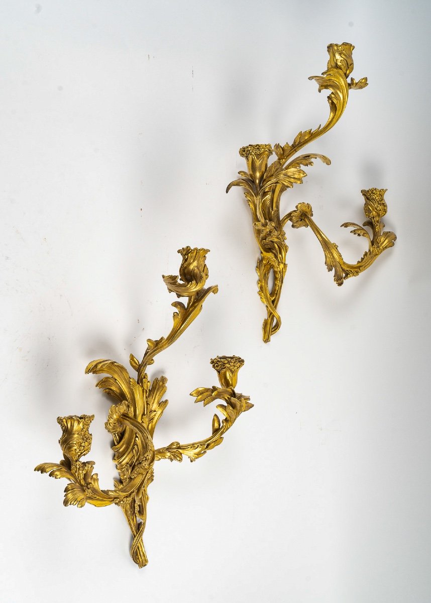 François Thomas Germain Paire d'Appliques à 3 Bras De Lumières En Bronze Doré Vers 1770-1780-photo-7