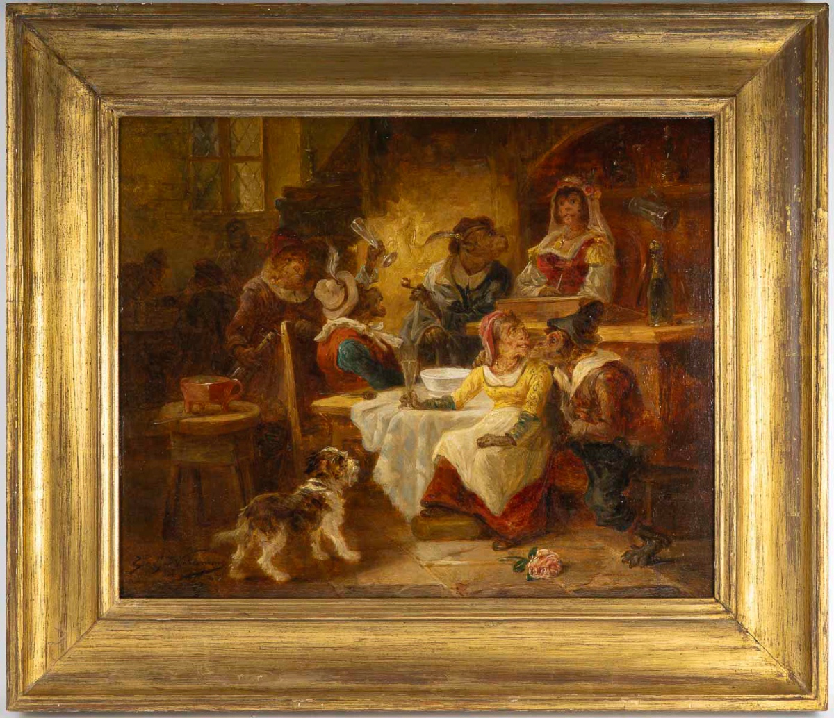 Zacharie Noterman (1820-1890) The Monkey Tavern Oil On Wood Circa 1860