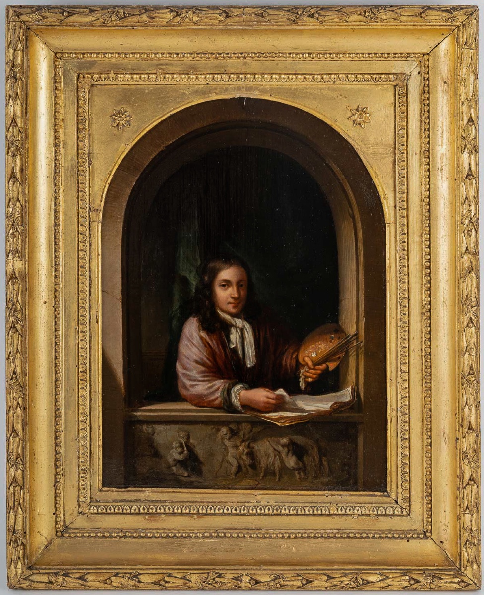 Portrait Of The Painter In An Alcove In The Style Of Willem Van Mieris Oil On Wood Circa 1800-photo-3