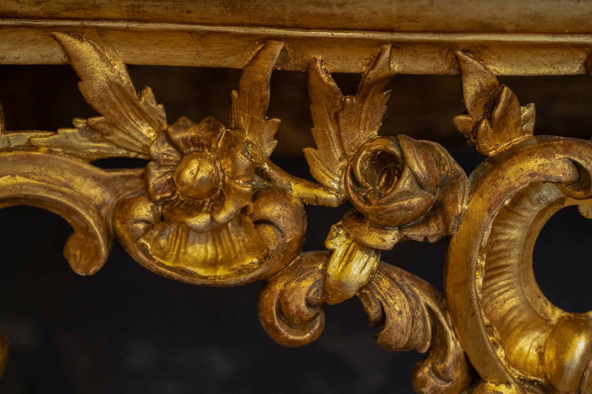 Console En Bois Sculpté Et Doré à Décor Rocaille Italie Fin Du XVIIIème Siècle-photo-4
