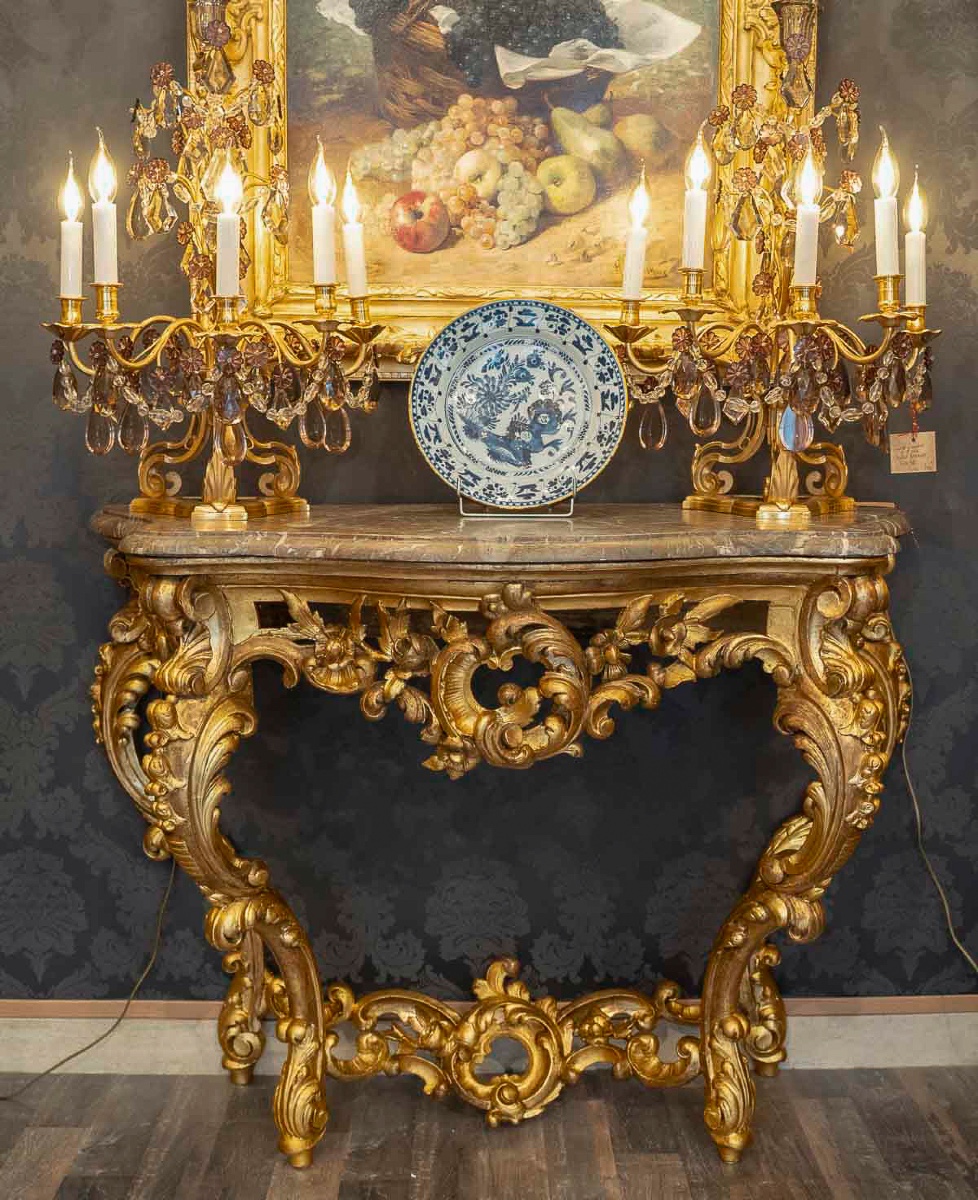 Console En Bois Sculpté Et Doré à Décor Rocaille Italie Fin Du XVIIIème Siècle-photo-5