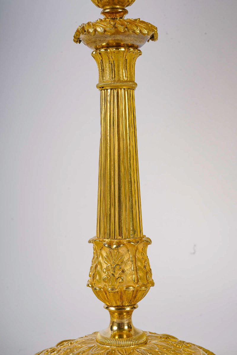 Pair Of Restoration Period Candlesticks In Chiseled And Gilded Bronze Mounted As Lamps Circa 1820-photo-4