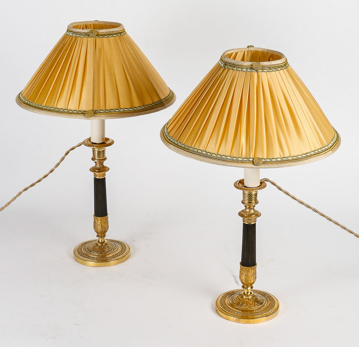Pair Of Empire Period Candlesticks In Patinated And Gilt Bronze, Mounted As Lamps Circa 1810-photo-5