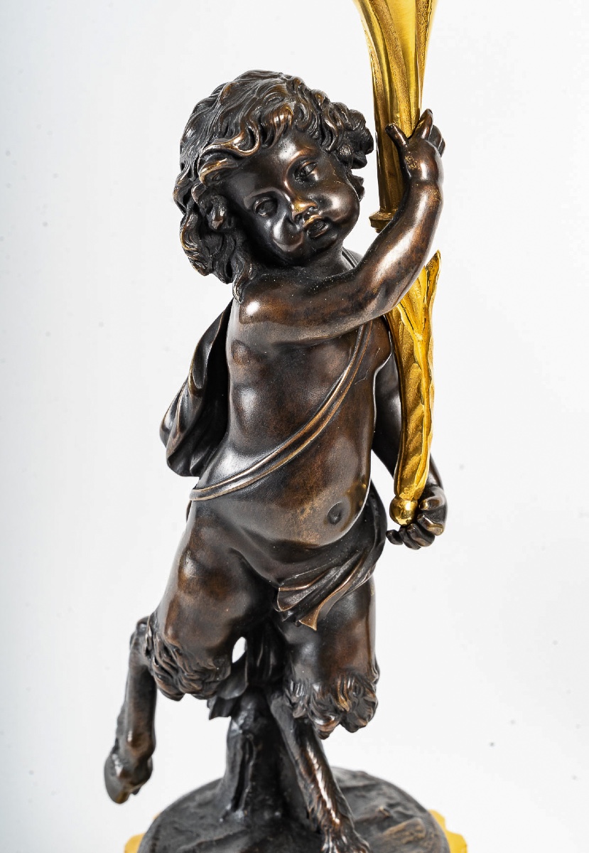 Pair Of Louis XVI Style Candelabras With Faun Decor, Mounted As Lamps-photo-2