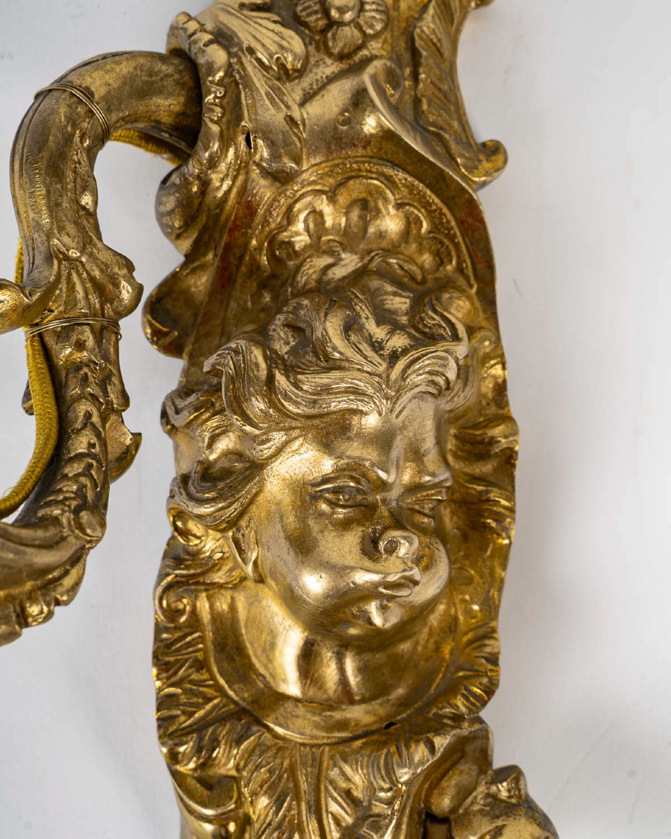 Pair Of Zephyr Wall Lights In Chiseled And Gilded Bronze, 19th Century-photo-4
