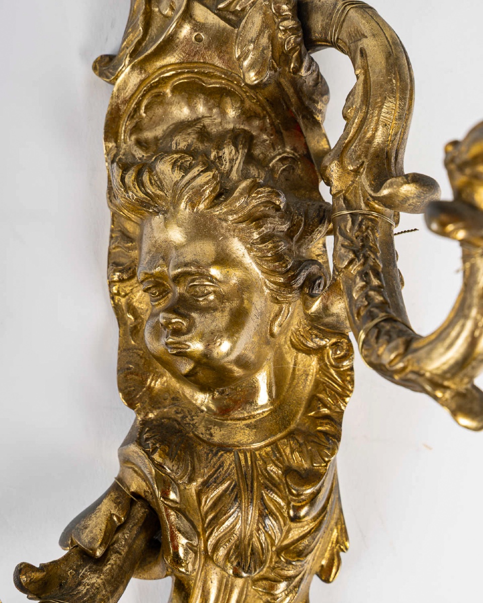 Pair Of Zephyr Wall Lights In Chiseled And Gilded Bronze, 19th Century-photo-1