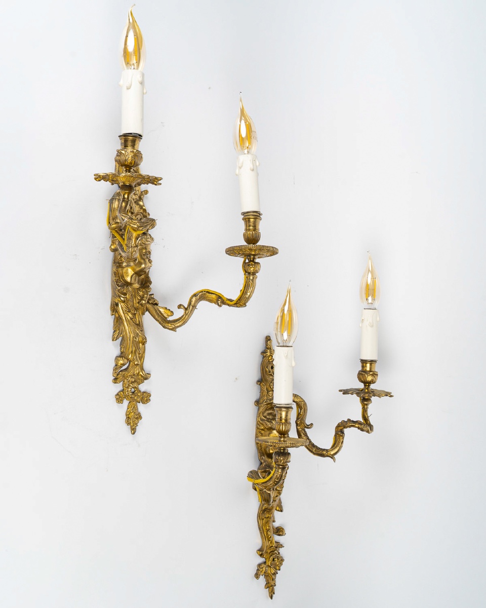 Pair Of Zephyr Wall Lights In Chiseled And Gilded Bronze, 19th Century-photo-4