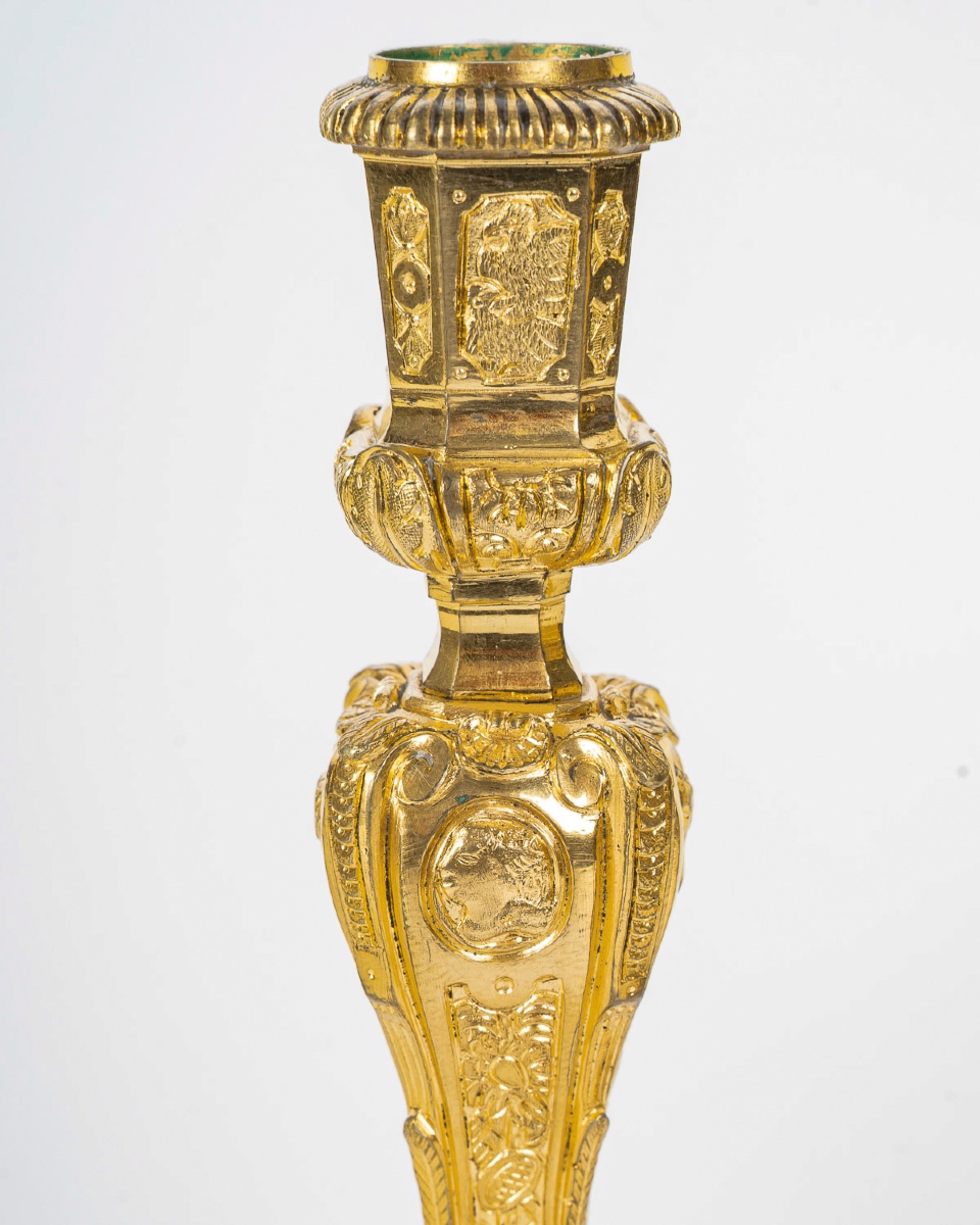 Henri Picard - Pair Of French Regence Style Gilt Bronze Candlesticks, Circa 1850-photo-2