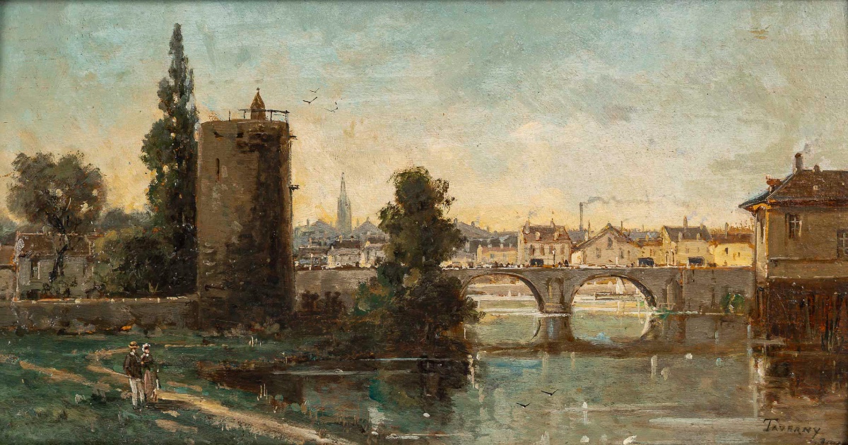 Gustave Mascart Bucolic Walk At The Foot Of The Powder Tower Of Bruges Oil On Wood Circa 1900-photo-2
