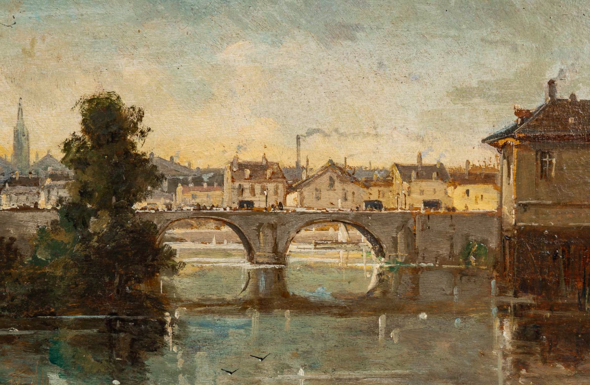 Gustave Mascart Bucolic Walk At The Foot Of The Powder Tower Of Bruges Oil On Wood Circa 1900-photo-2