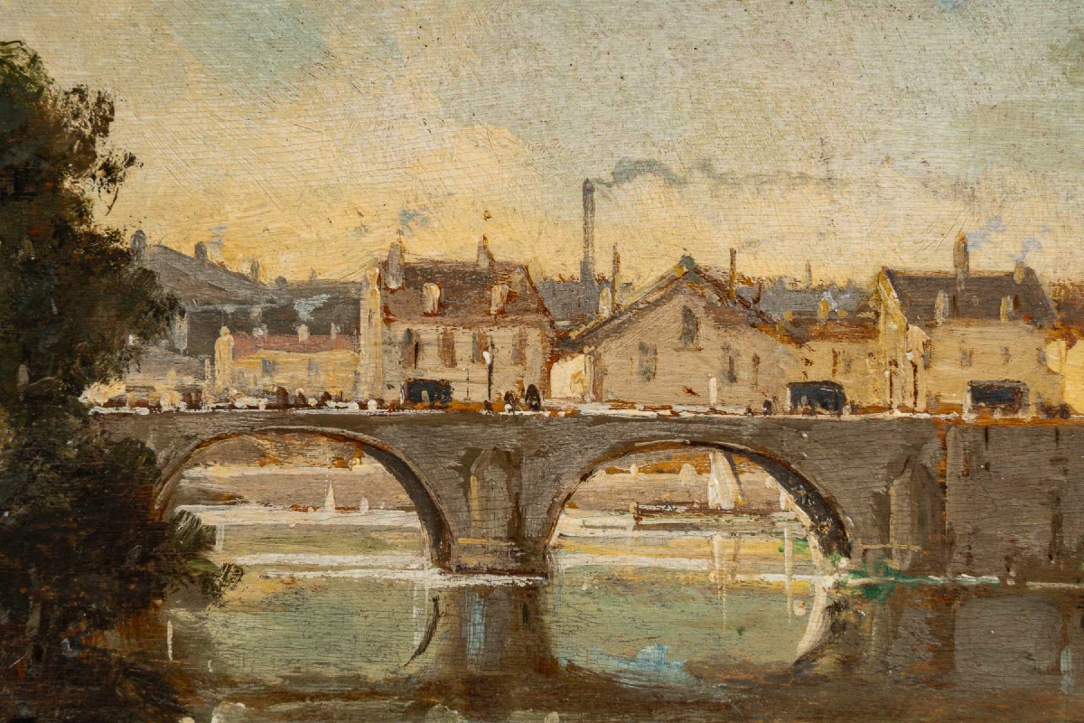 Gustave Mascart Bucolic Walk At The Foot Of The Powder Tower Of Bruges Oil On Wood Circa 1900-photo-3