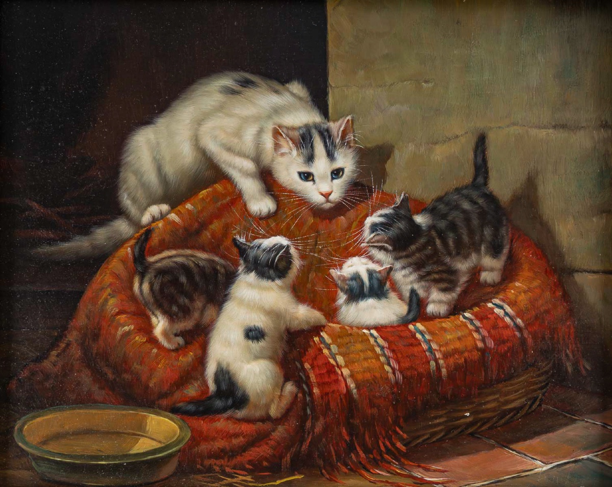 Michel Lensky Lenglard La Portée De Chatons Huile Sur Bois XXeme Siècle-photo-2