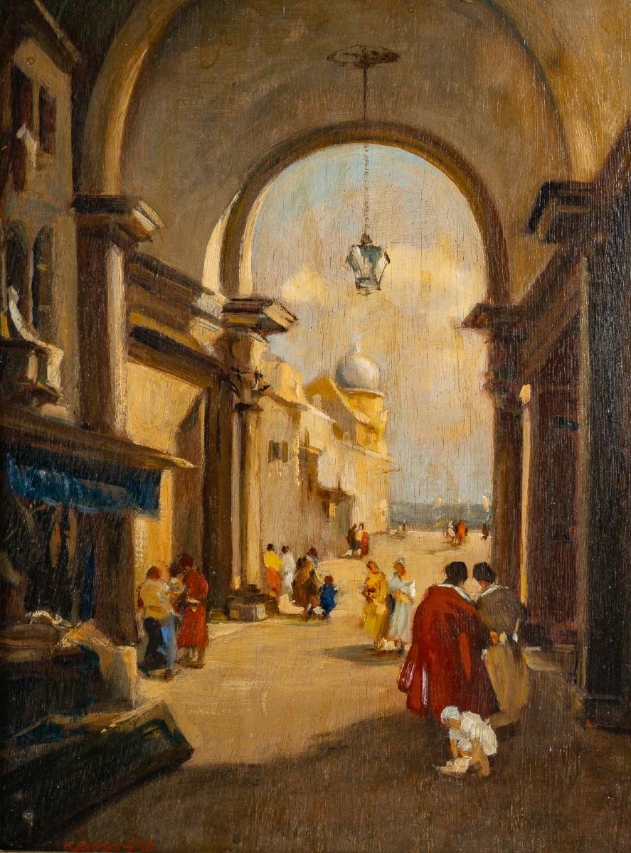 Attilio Achile Bozzato Venice Cappricio With The Arch Della Torre Dell'orologio Oil On Wood-photo-2