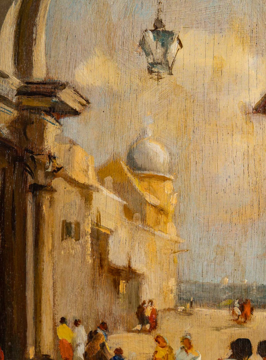 Attilio Achile Bozzato Venice Cappricio With The Arch Della Torre Dell'orologio Oil On Wood-photo-3