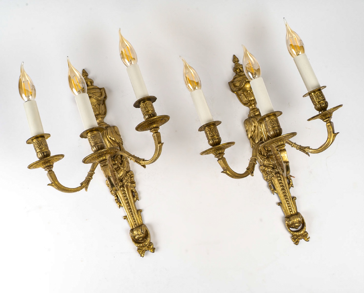 Pair Of Louis XVI Style Chiseled Bronze Three-light Wall Sconces