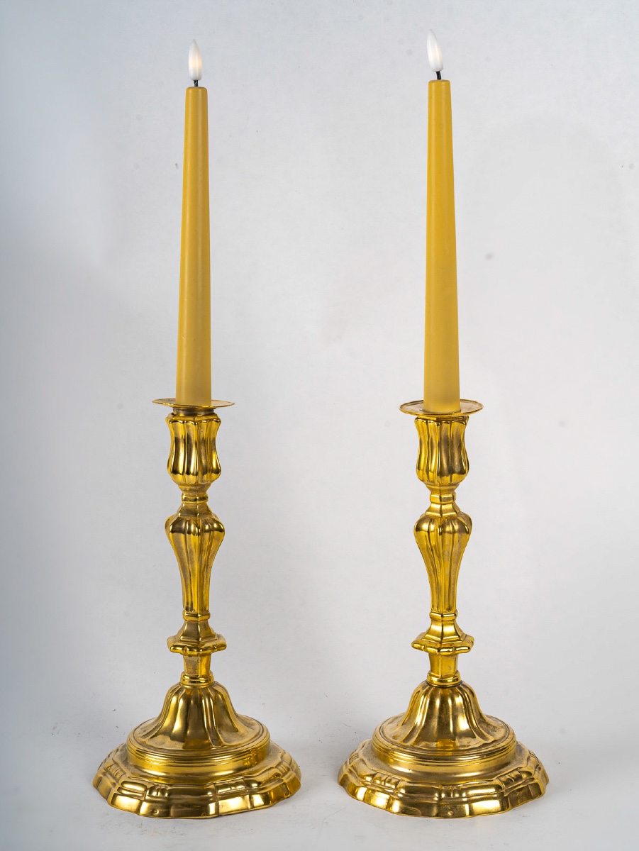 Pair Of Gilt Bronze Candlesticks With Crowned C Mark From The Louis XV Period-photo-2