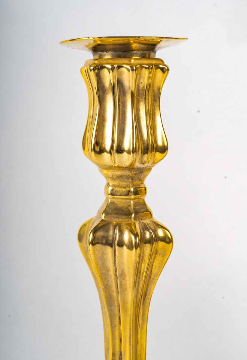 Pair Of Gilt Bronze Candlesticks With Crowned C Mark From The Louis XV Period-photo-3