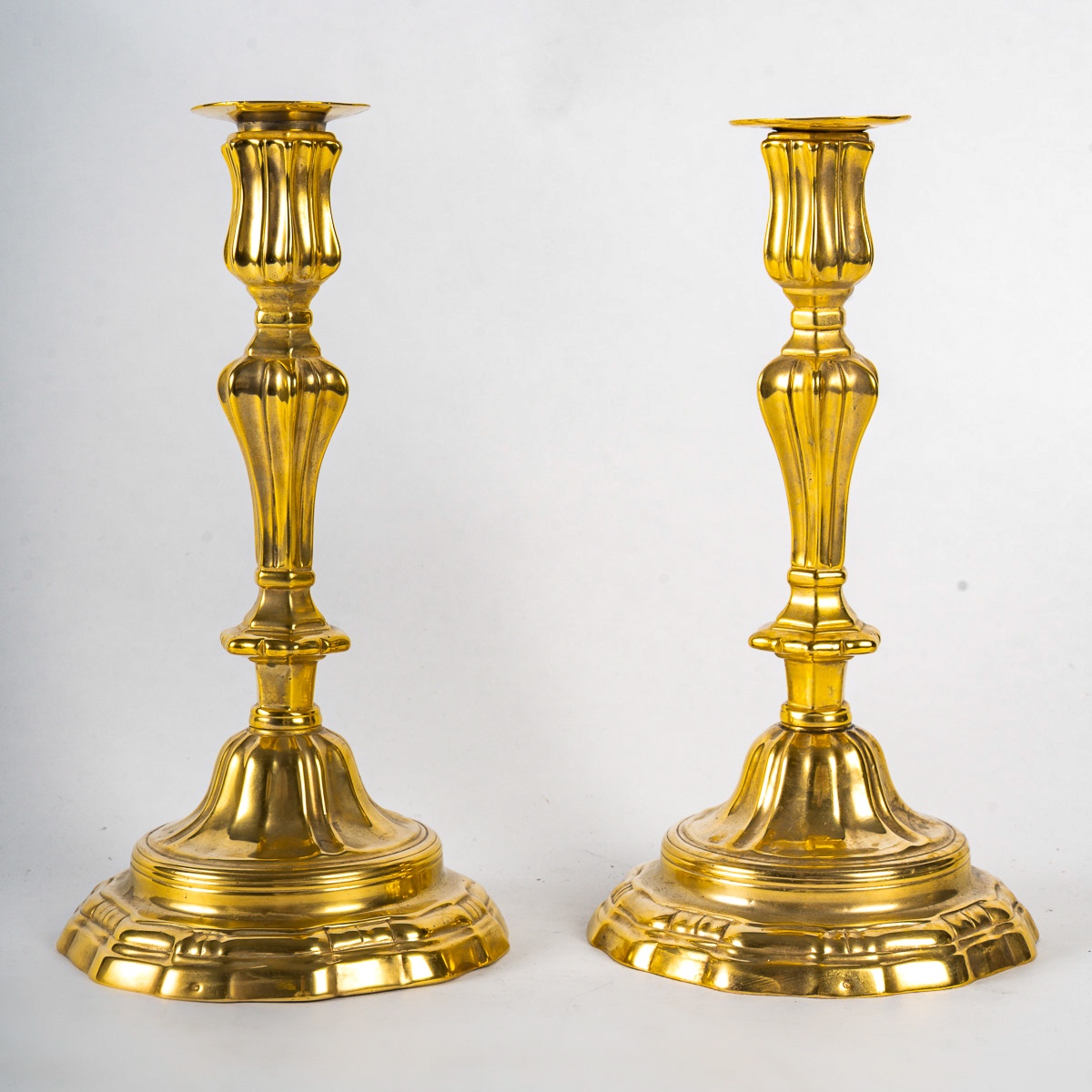 Pair Of Gilt Bronze Candlesticks With Crowned C Mark From The Louis XV Period