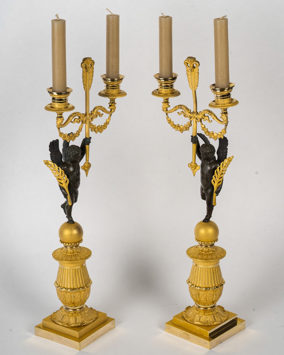 François Louis Savart - Pair Of Bronze Candelabras With Winged Cupids, Empire Period-photo-2