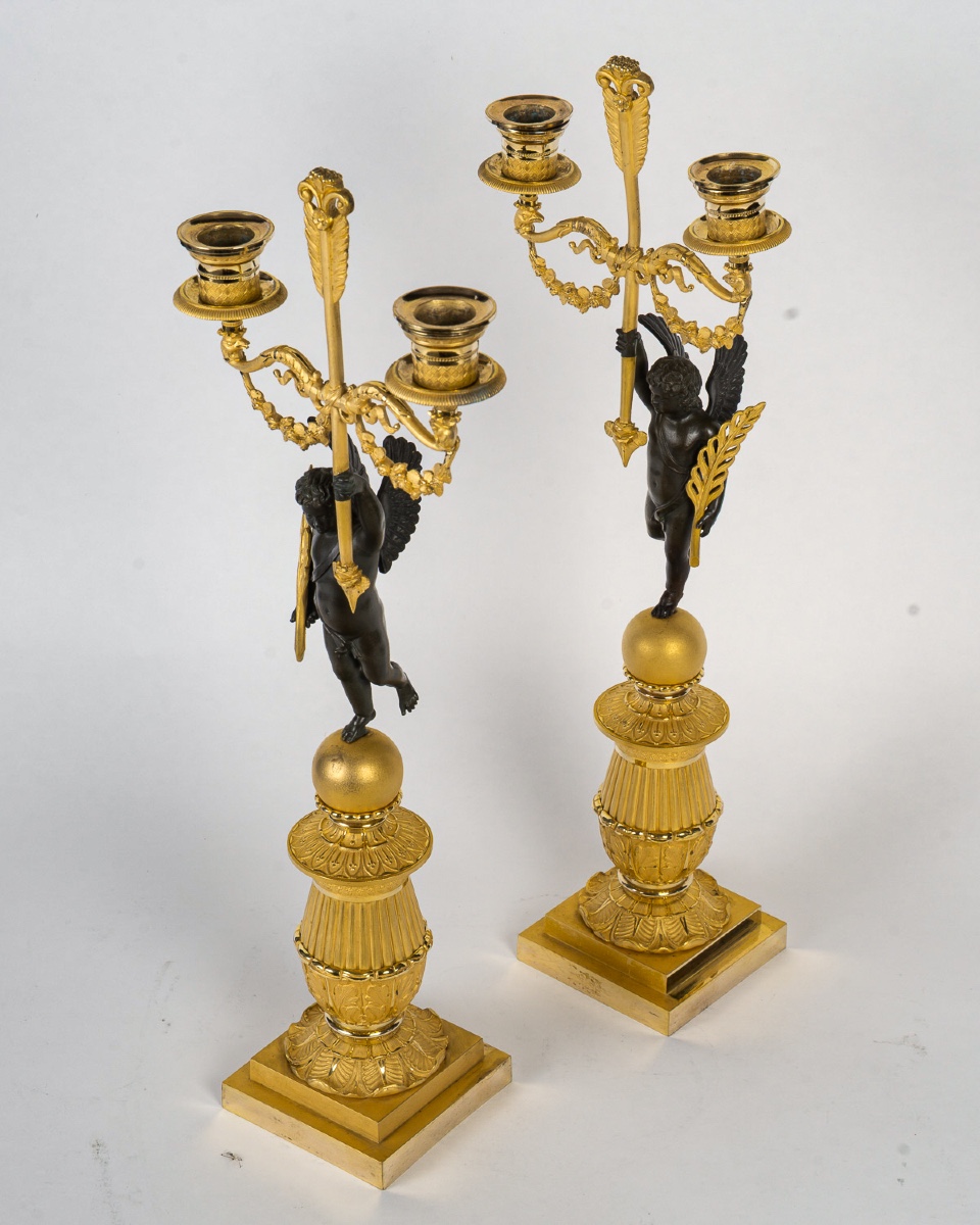 François Louis Savart - Pair Of Bronze Candelabras With Winged Cupids, Empire Period-photo-8