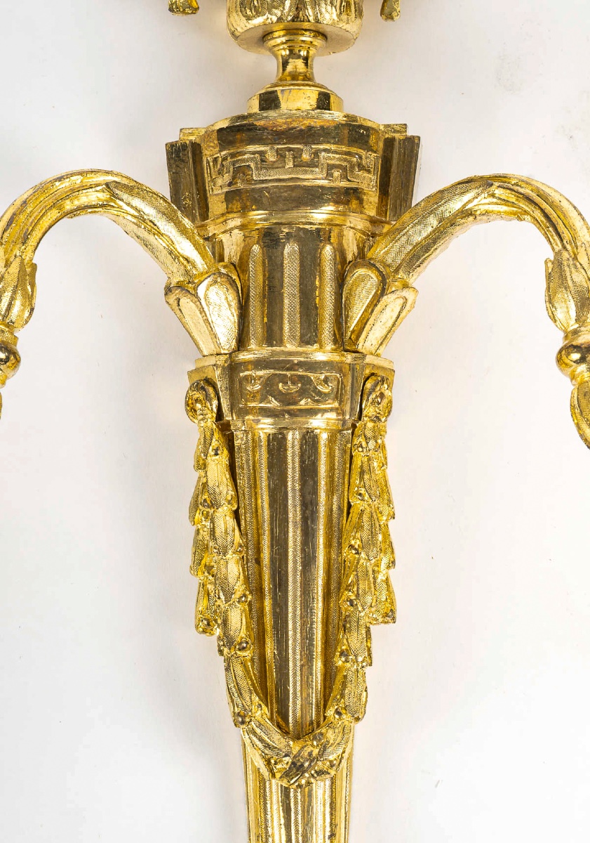 Pair Of Louis XVI Style Chiseled And Gilded Bronze Two-light Wall Sconces, Circa 1820-photo-1
