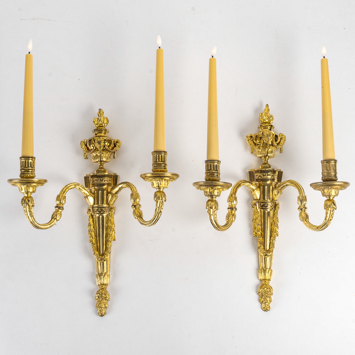 Pair Of Louis XVI Style Chiseled And Gilded Bronze Two-light Wall Sconces, Circa 1820-photo-6
