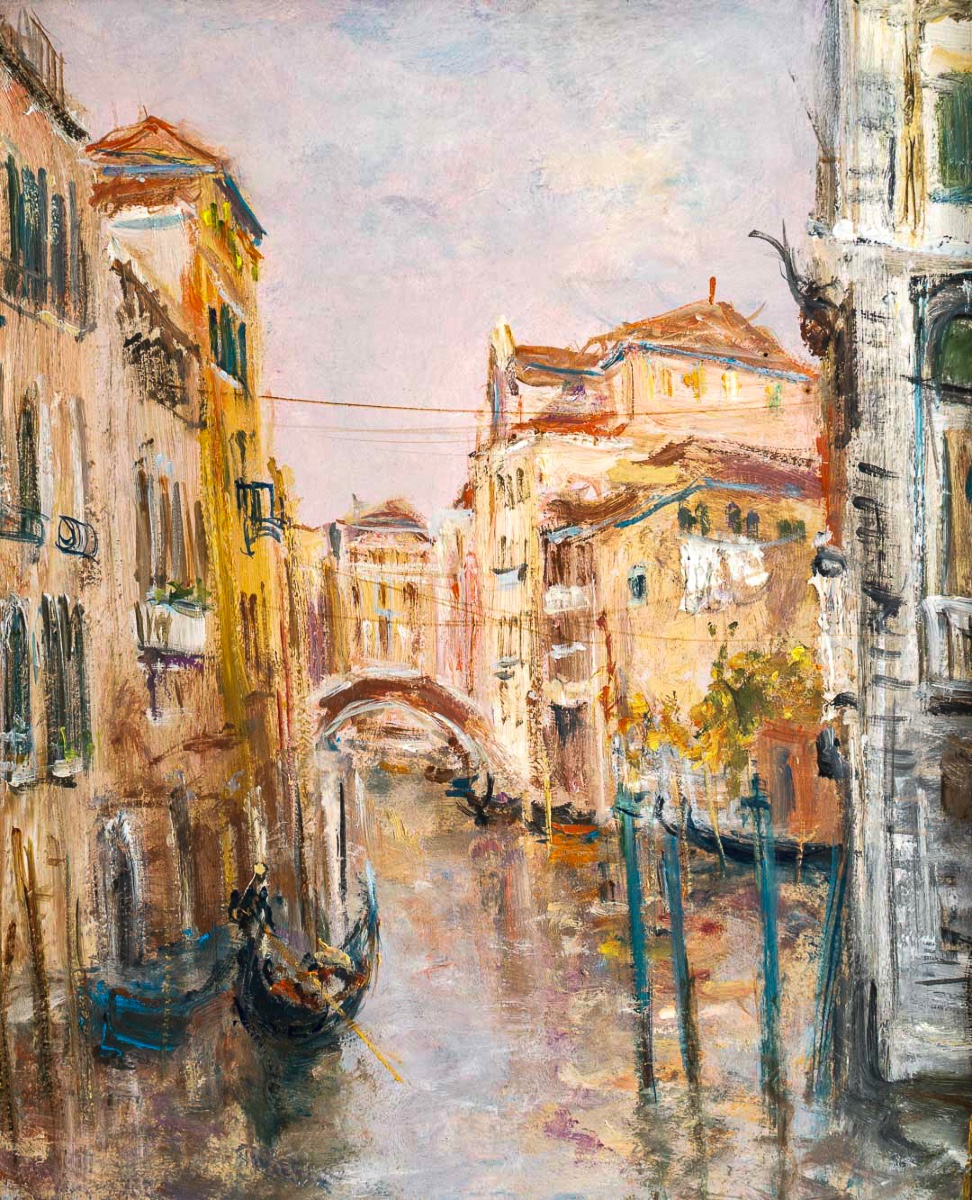 Serge Belloni (1925-2005) - Venice Small Canal With Flower Garden Oil On Panel Circa 1970-photo-2