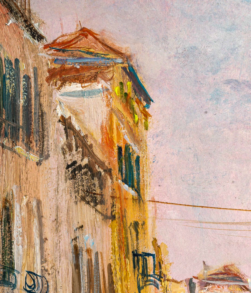 Serge Belloni (1925-2005) - Venice Small Canal With Flower Garden Oil On Panel Circa 1970-photo-2