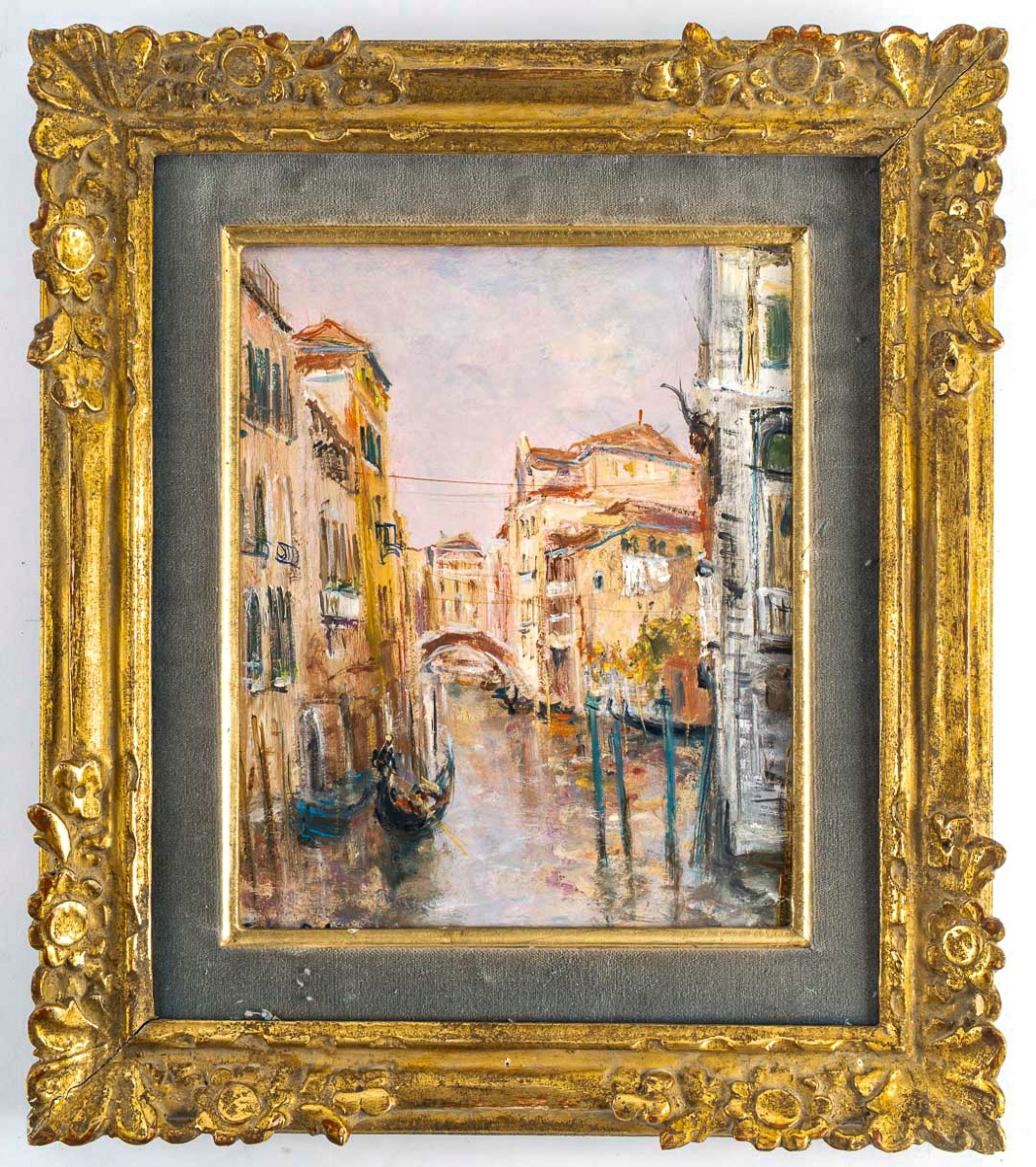 Serge Belloni (1925-2005) - Venice Small Canal With Flower Garden Oil On Panel Circa 1970-photo-4