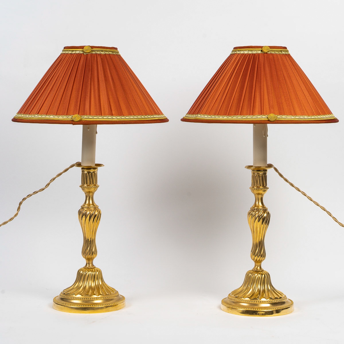 Louis XV Period Pair Of Gilt Bronze Au Roi Candlesticks Circa 1750, Mounted As Lamps