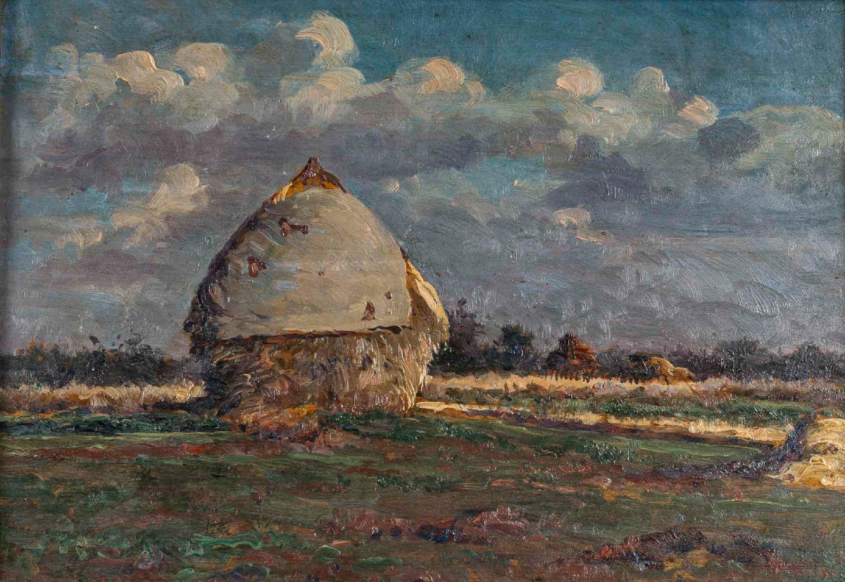 Gaston Bonfils (1855-1946) - La Meule de Foin, huile sur bois, vers 1880-1900-photo-2