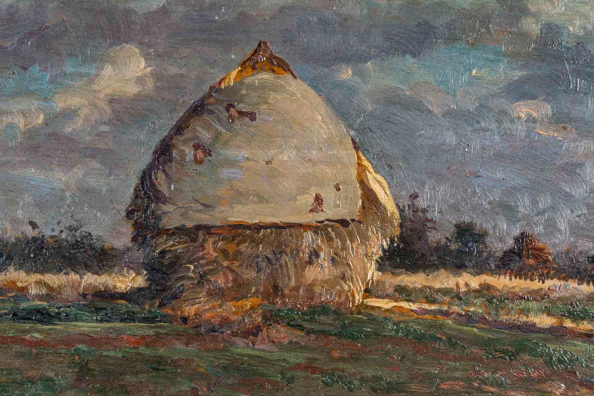 Gaston Bonfils (1855-1946) - La Meule de Foin, huile sur bois, vers 1880-1900-photo-3