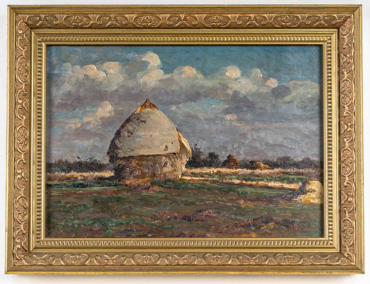 Gaston Bonfils (1855-1946) - La Meule de Foin, huile sur bois, vers 1880-1900-photo-4
