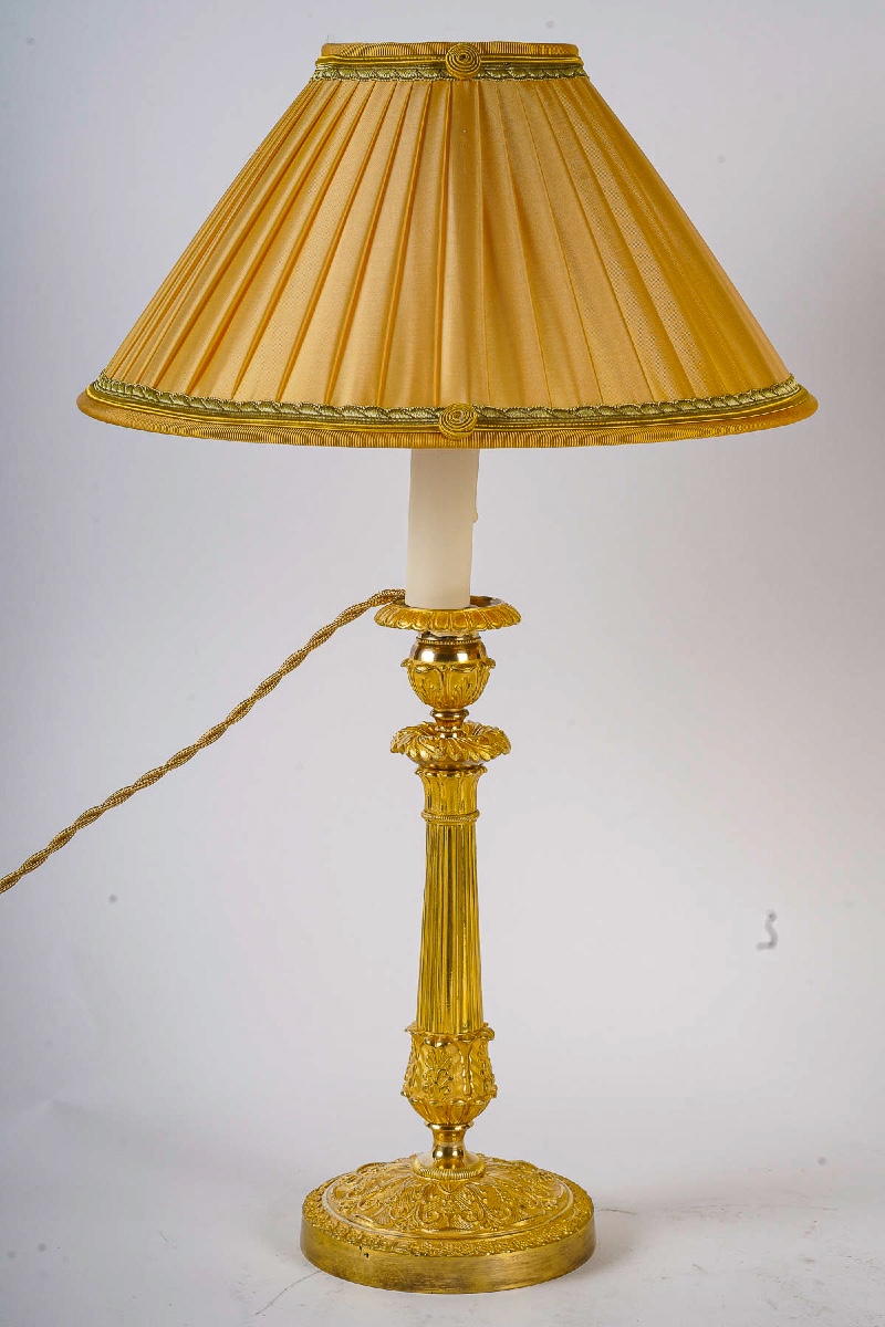 Pair Of Restauration Period Gilt Bronze Candlesticks Mounted As Lamps Circa 1820-photo-2