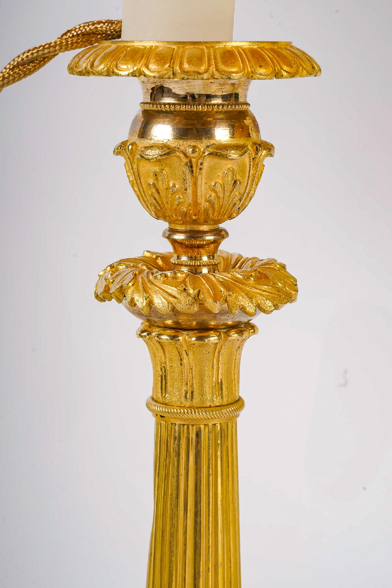 Pair Of Restauration Period Gilt Bronze Candlesticks Mounted As Lamps Circa 1820-photo-3